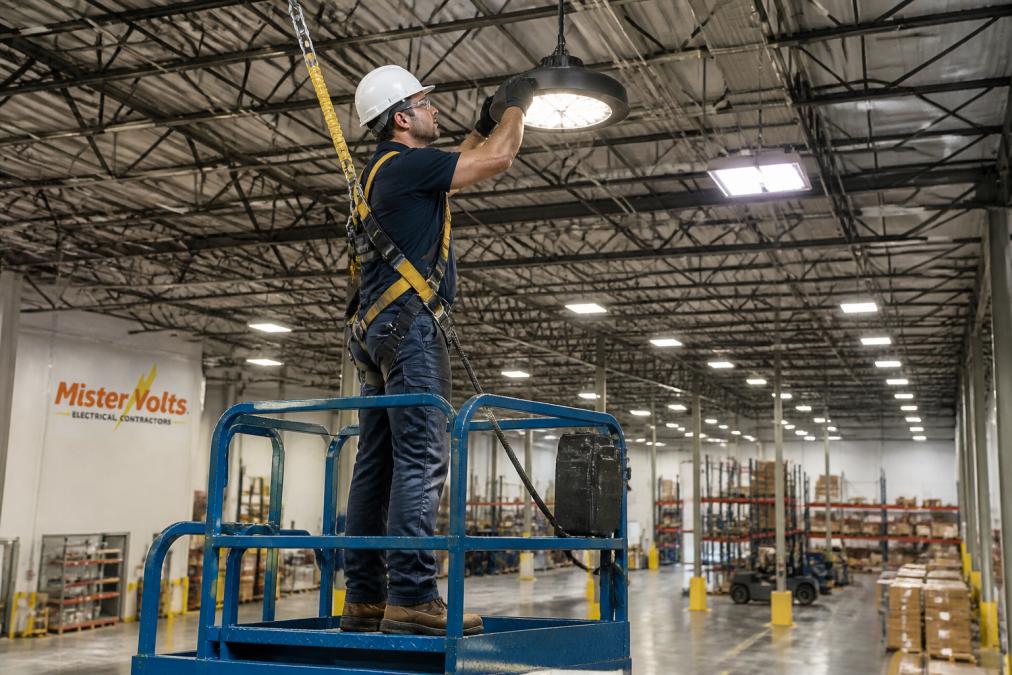 Electrician in a safety harness performing warehouse lighting maintenance on a high-bay ceiling fixture.