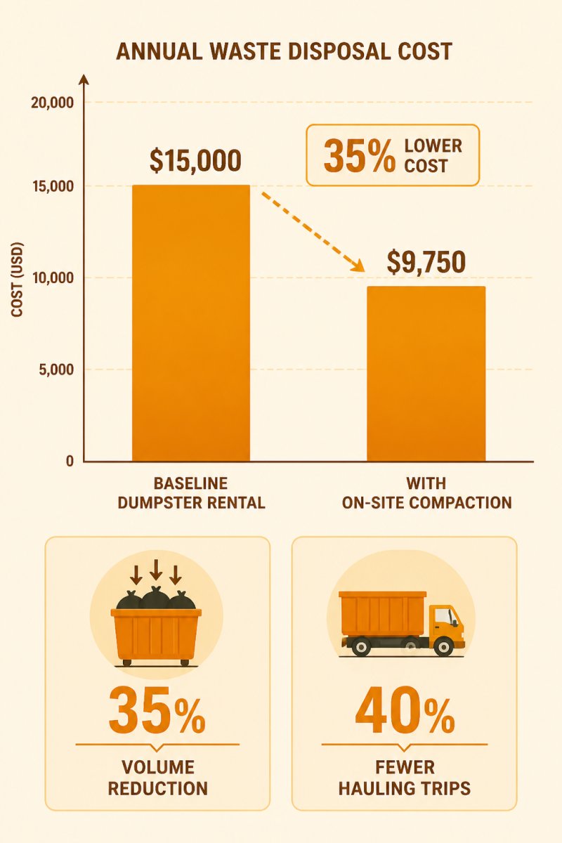 Bar chart comparing annual waste disposal costs: baseline dumpster rental at $15,000 vs. with on-site compaction at $9,750, showing 35% volume reduction and 40% fewer hauling trips