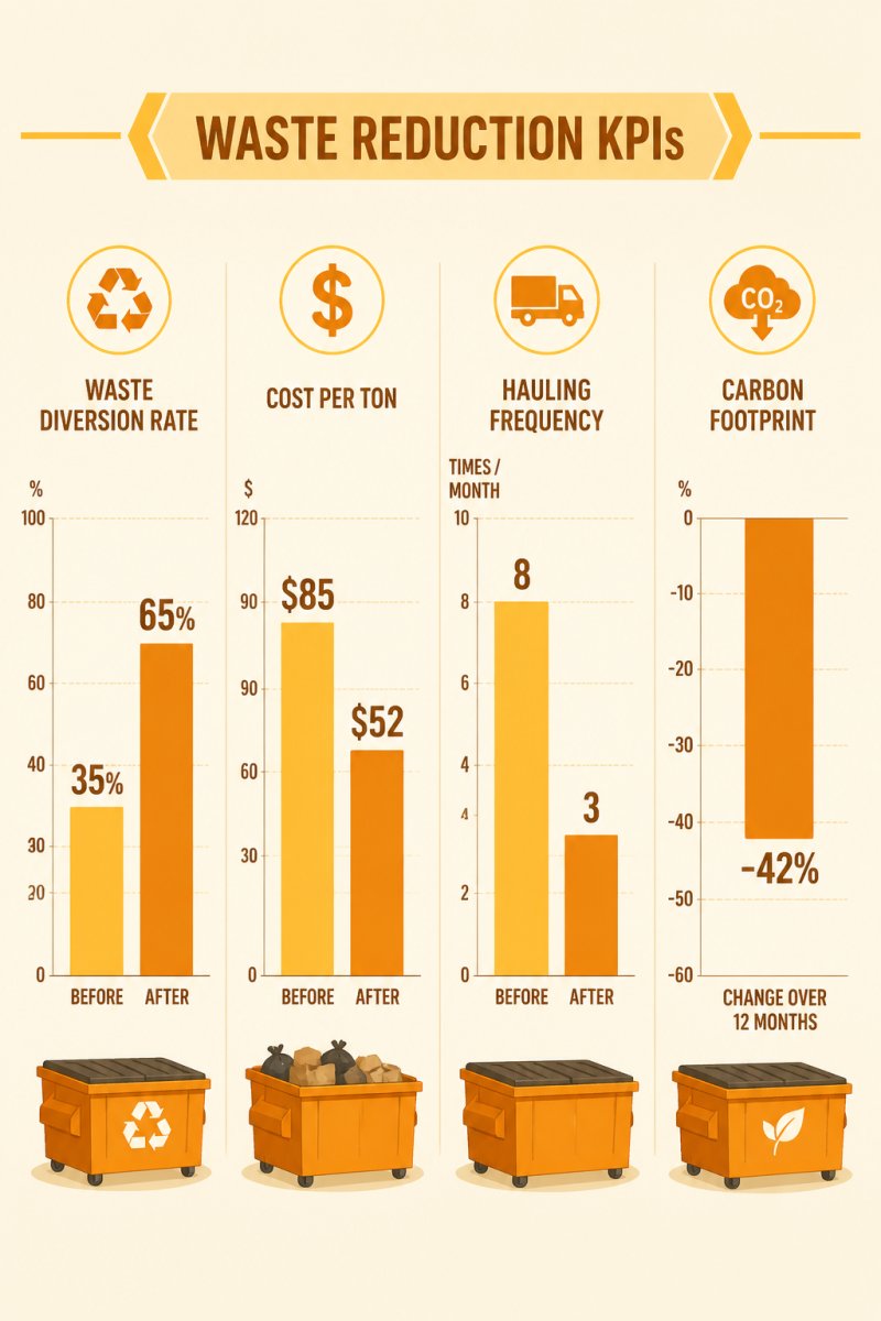 Bar chart visualizing industrial waste management efficiency gains in diversion, cost, hauling, and carbon footprint.