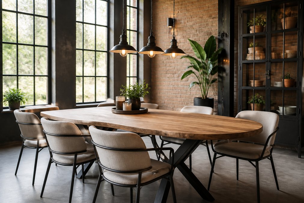 Gezellige eetkamer met een massief houten eettafel, zwarte stalen stoelen met linnen bekleding, natuurlijke daglicht van grote ramen, groene plant in de hoek en industriële verlichting