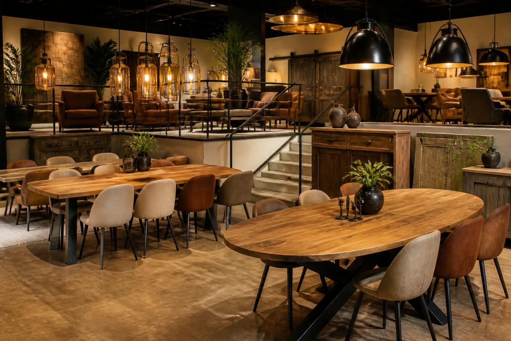 Ruime showroom met verschillende niveaus vol industriële meubels: massieve houten eettafels met stalen onderstellen, leren fauteuils, donkere houten kasten en metalen verlichting onder warm geel licht