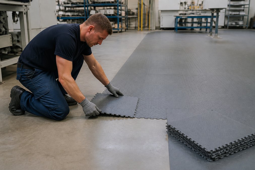 Industrigulve med høj slidstyrke: Pris og valg 3 Professional worker installing interlocking PVC floor tiles in industrial warehouse setting, demonstrating modular installation process with proper technique and safety equipment