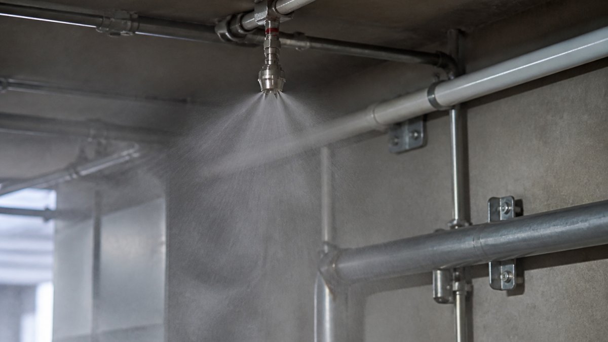 Stainless steel water mist nozzle releasing fine spray, serving as an alternative to inert gas vs water mist systems