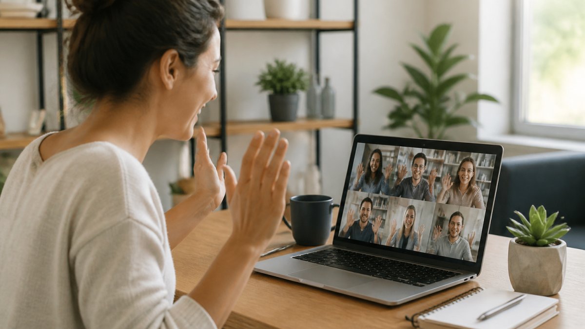 Remote employee at home desk smiling while video calling with colleagues on laptop screen, celebrating a team win together with colleagues visible in video call boxes