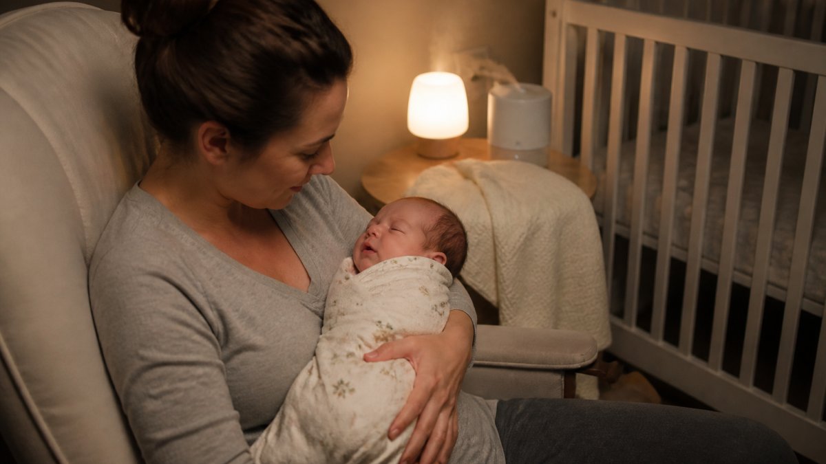 A parent gently rocking a swaddled newborn in a dimly lit nursery with a white noise machine and soft blanket nearby