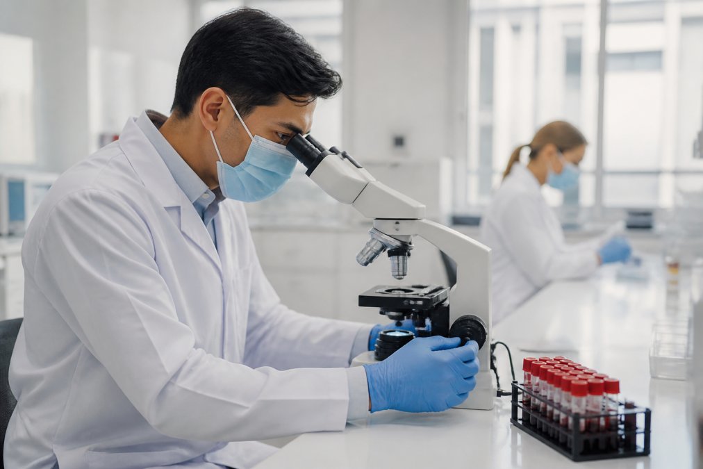 Profesional de salud en consultorio moderno revisando muestras de laboratorio bajo microscopio con iluminación clara, mostrando precisión diagnóstica