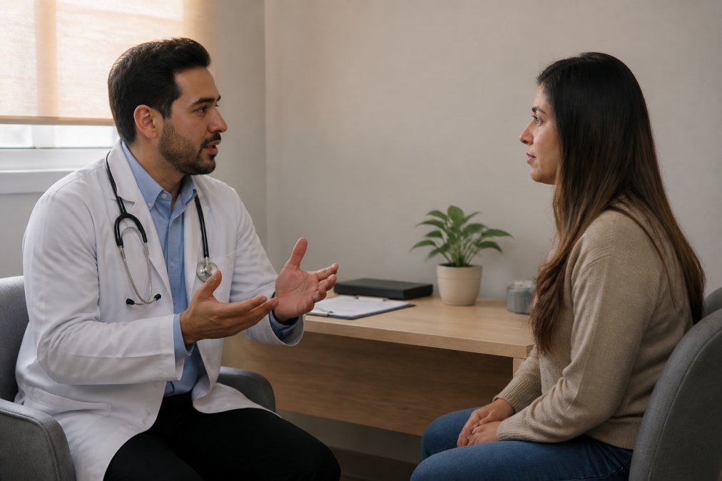Médico profesional en consultorio brindando orientación con empatía a paciente joven en ambiente cálido y confidencial, con privacidad visual garantizada