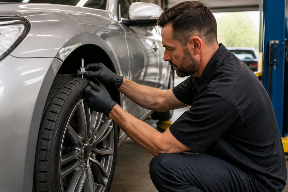 Mechanic checking tire tread depth on a silver sedan during Infiniti service in Boynton Beach