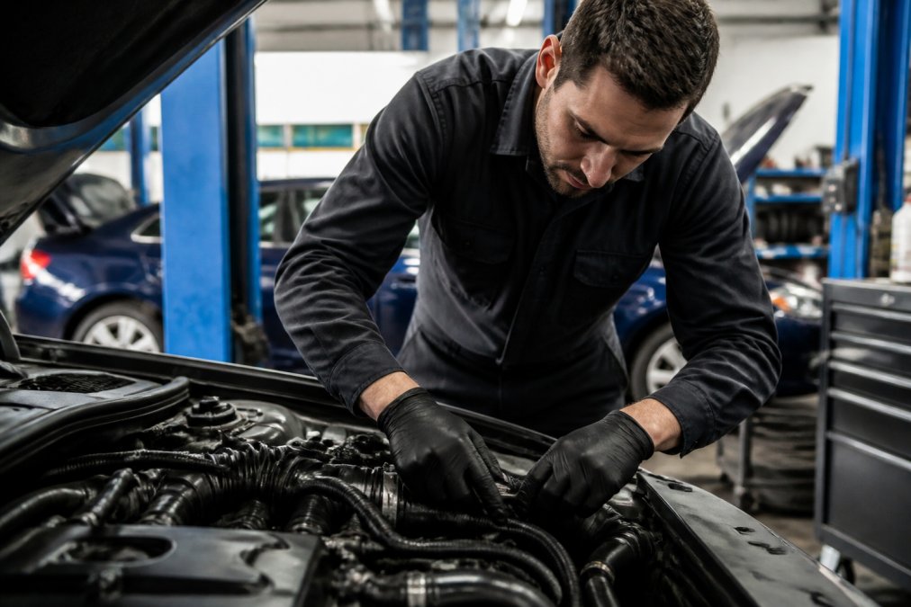 Professional technician's hands performing precision engine maintenance on luxury Japanese vehicle with diagnostic equipment and specialized tools visible in modern repair facility