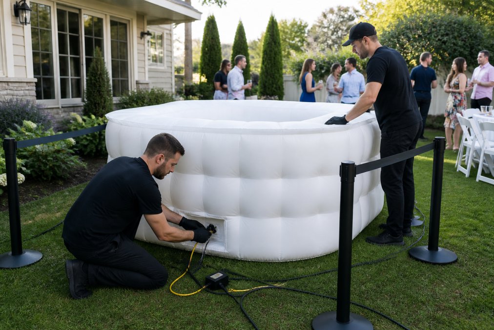 Professional event staff setting up an inflatable bar with electrical connections and safety barriers in an outdoor backyard setting with guests nearby