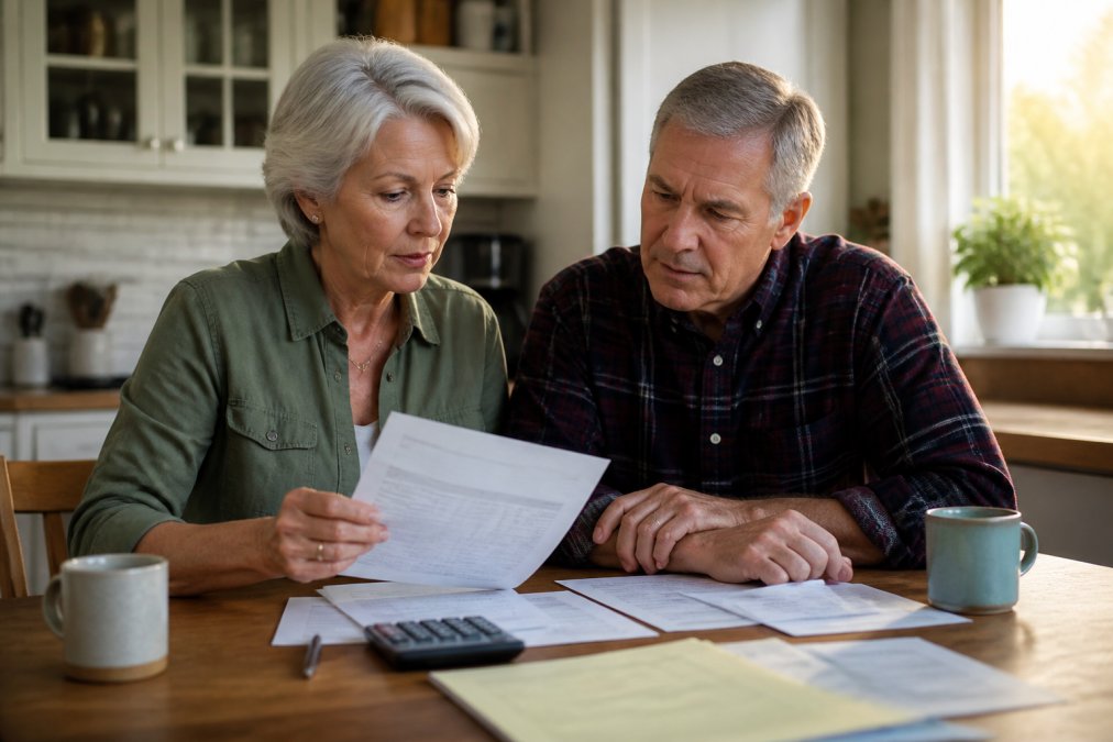 A retired couple in their early 60s reviewing a printed budget and financial statements at a kitchen table, calculator and coffee mugs nearby, warm morning light through the window