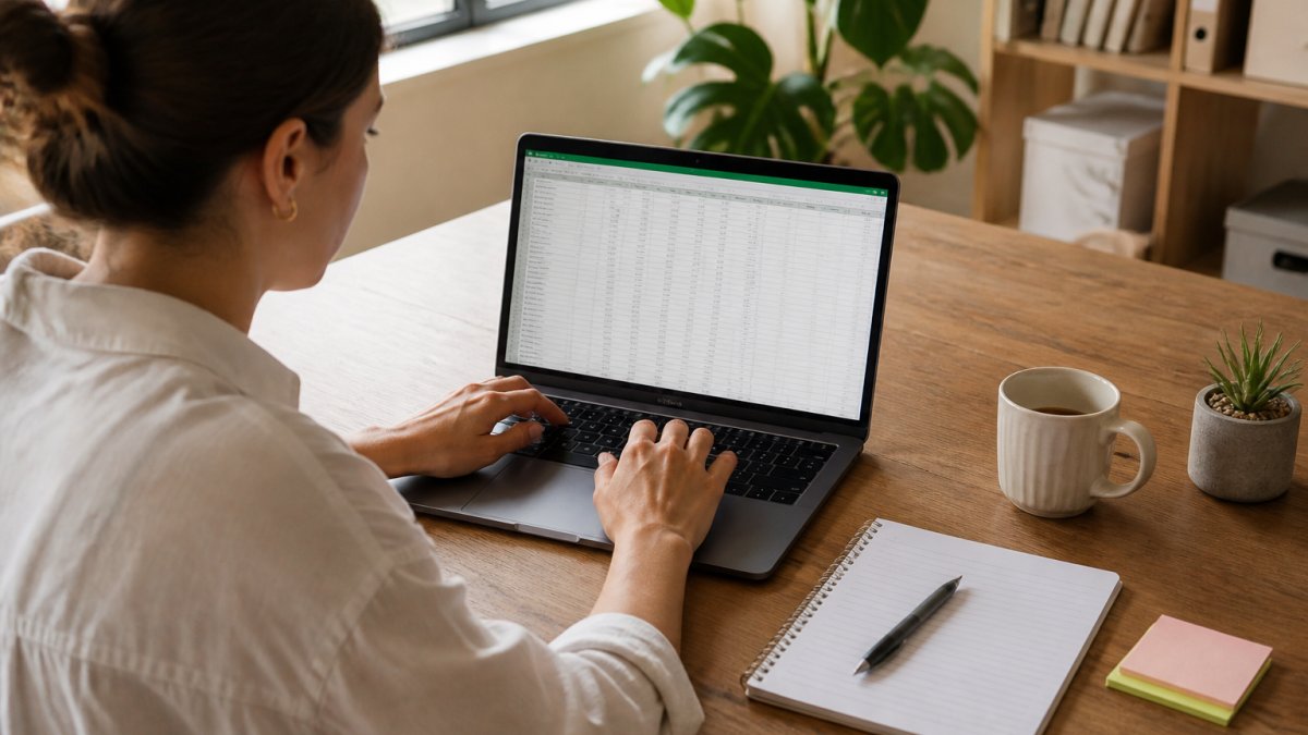 A person working on a laptop with a spreadsheet open, surrounded by a notepad and coffee, in a bright home office