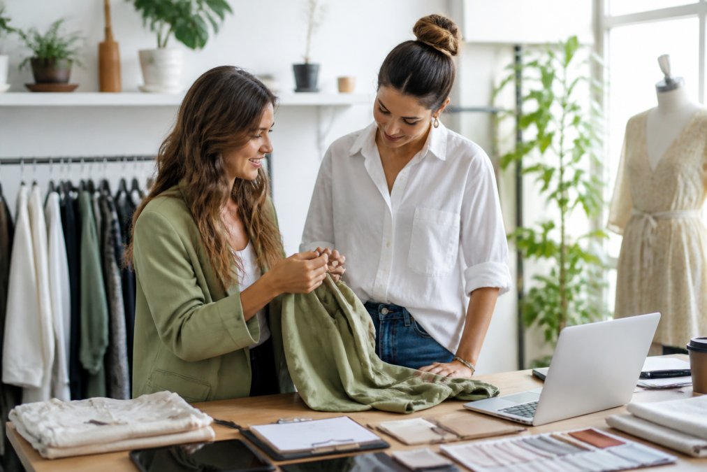 A small fashion brand owner and a micro-influencer reviewing clothing samples together in a bright studio, with a laptop showing analytics in the background