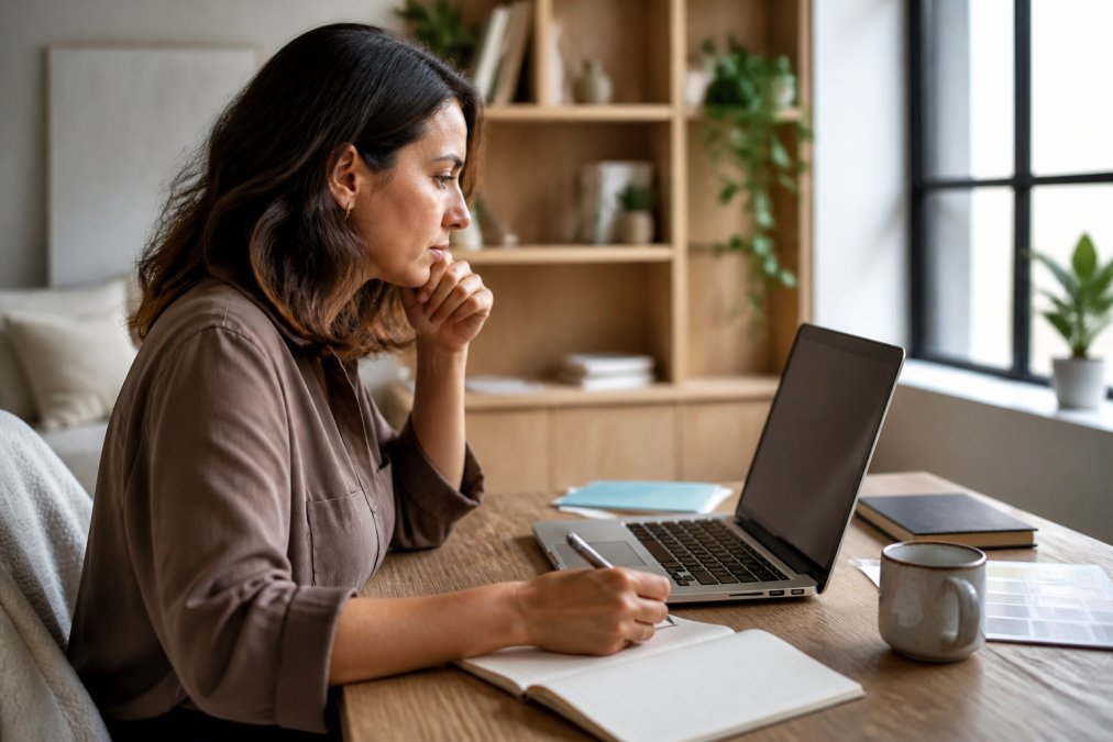 Marketing manager reviewing influencer marketing creator profiles on a laptop in a bright office
