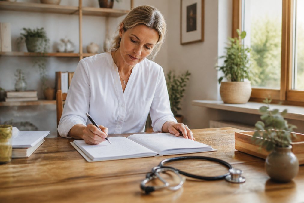 Heilpraktikerin am Schreibtisch in ihrer Praxis, schreibt handschriftlich in eine offene Patientenakte, im Hintergrund sanfte Erdtöne und ein Stethoskop auf dem Tisch, warmes Tageslicht durch das Fenster