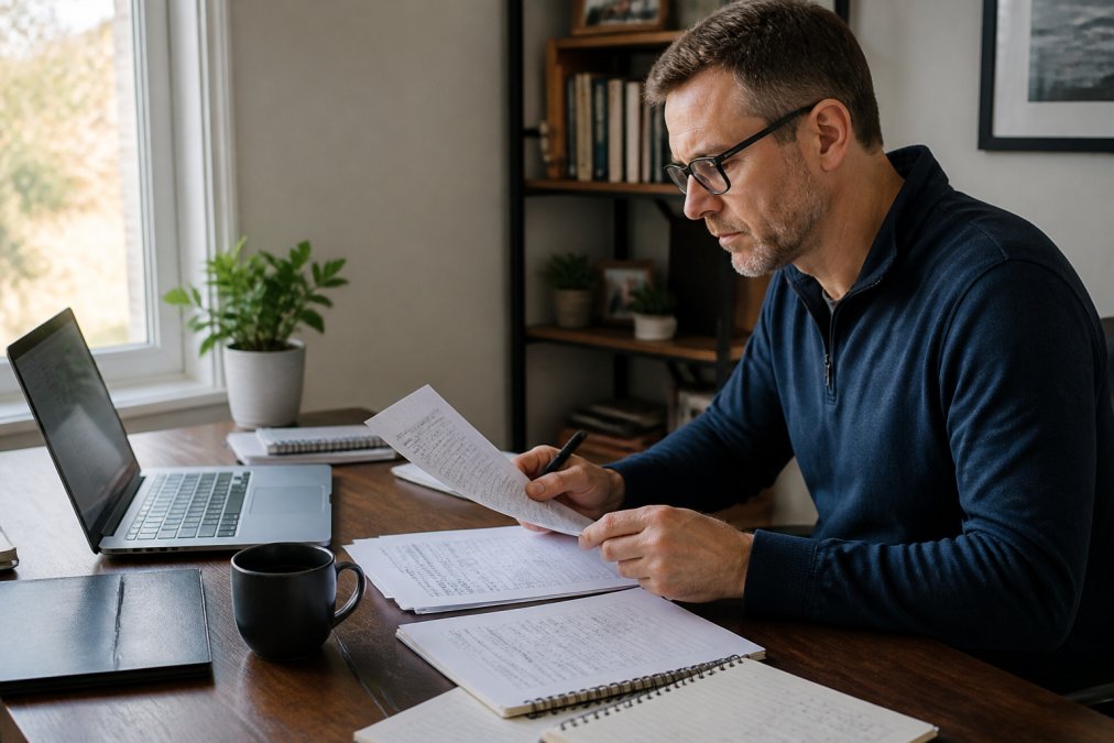 Self-directed investor reviewing financial statements and stock performance data on laptop at home desk with coffee and notebook, natural morning light through window