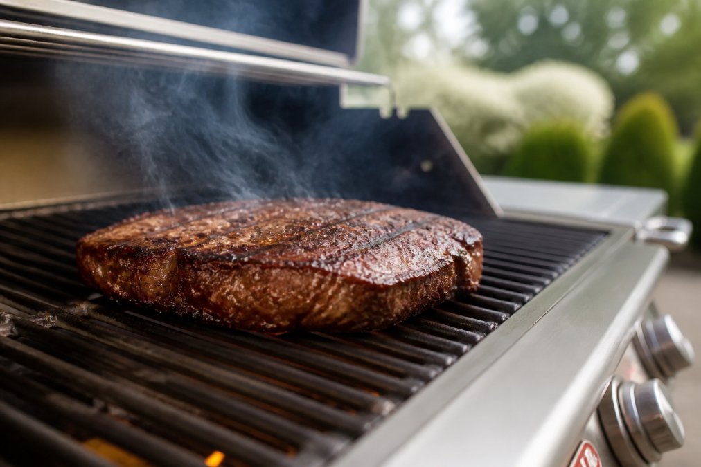 Close-up of a thick steak being seared on a grill grate with visible caramelized crust and char marks forming, steam rising from the surface as the meat makes contact with the hot metal