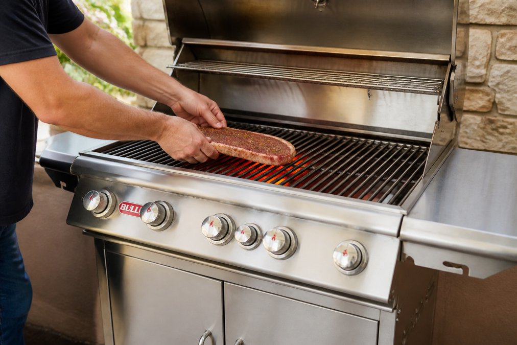 A person's hands positioning a seasoned steak on a grill grate directly over an active infrared burner, showing proper placement and the intense heat radiating upward