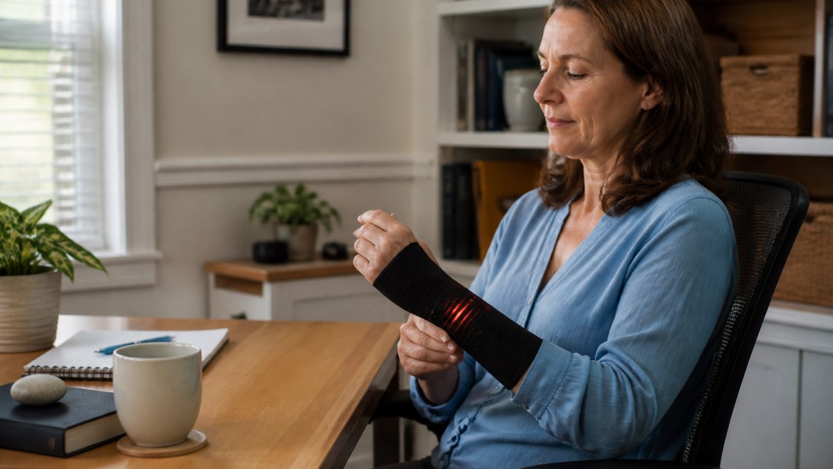 Person wearing a targeted heat therapy sleeve on their wrist while sitting at a desk with relaxed posture and neutral expression, natural office lighting