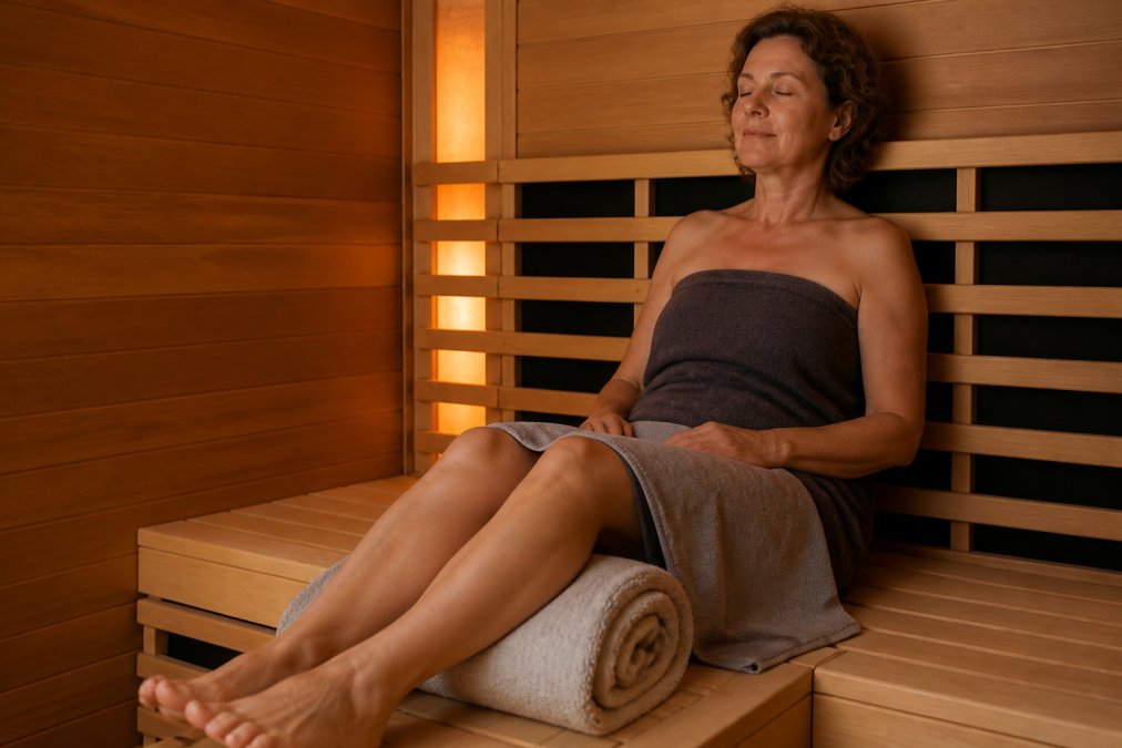 Woman relaxing in a cedar sauna using infrared heat therapy for arthritis with knees elevated for deep tissue heating