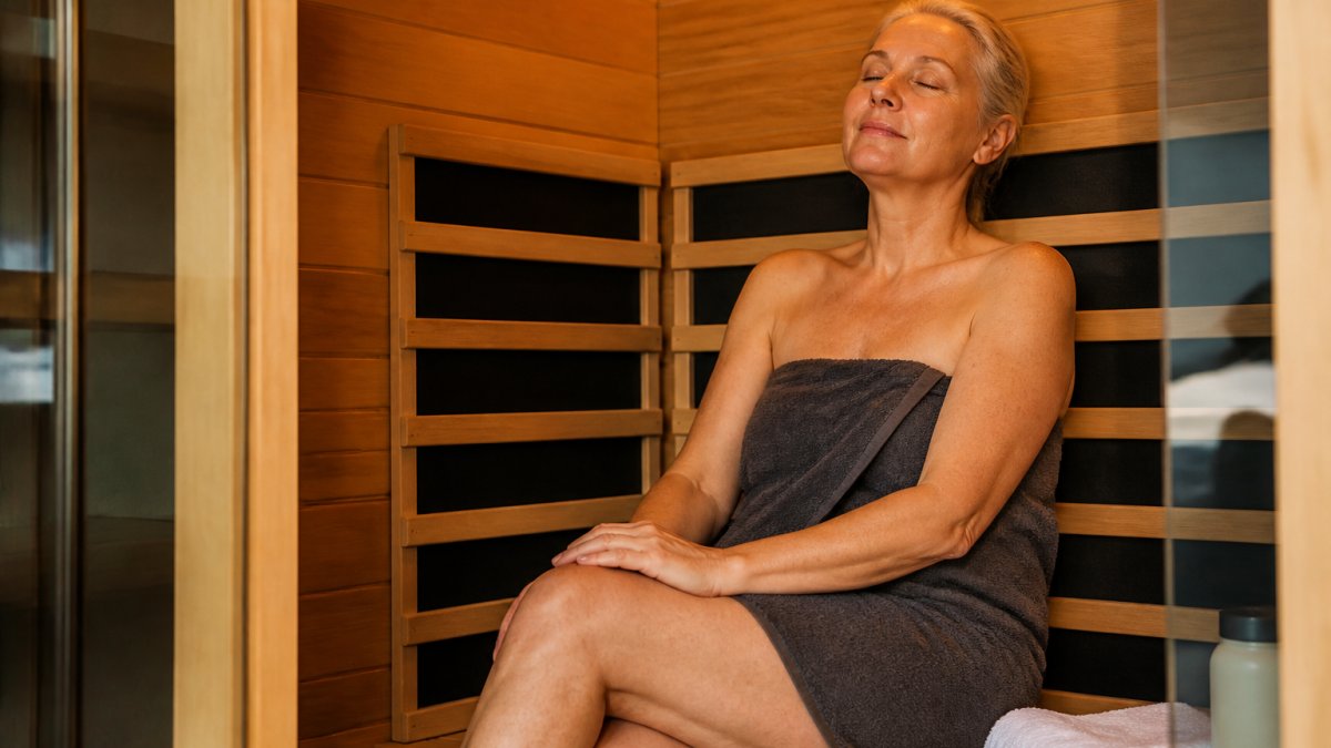 A woman in her 50s sitting comfortably inside a modern indoor infrared sauna with wood paneling, eyes closed and relaxed, warm ambient lighting, towel nearby, appearing to experience relief from joint stiffness