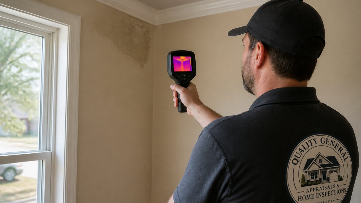 Professional home inspector using handheld thermal imaging camera to scan interior wall and ceiling during active inspection, with camera display showing thermal gradient of cooler and warmer zones