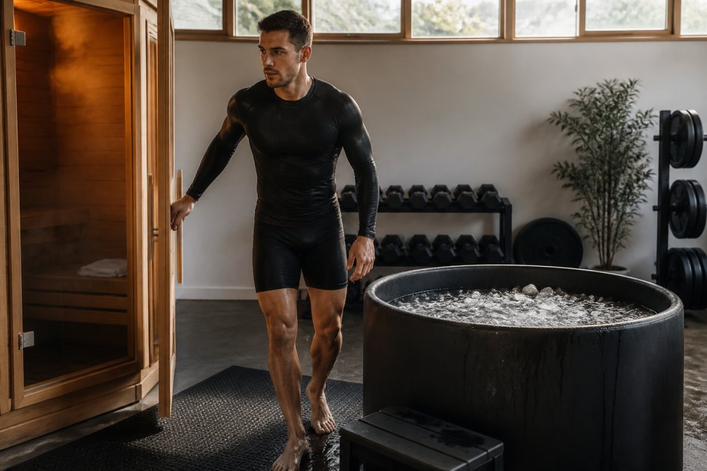 Athlete in moisture-wicking recovery wear transitioning between a cedar-lined sauna with warm steam and a cold plunge filled with ice water in a home gym space, natural lighting from high windows