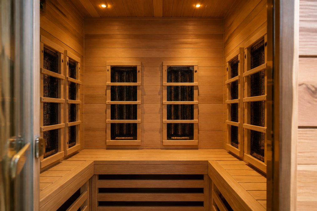 Interior view of a premium home infrared sauna with Canadian hemlock wood walls, six carbon heating panels visible along the sides, LED control panel with digital display, and ergonomic wooden bench seating with natural warm lighting
