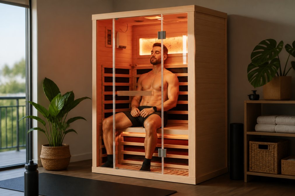 Athlete sitting inside a wooden infrared sauna cabin with relaxed expression, warm amber glow from heating elements visible on the interior walls and bench
