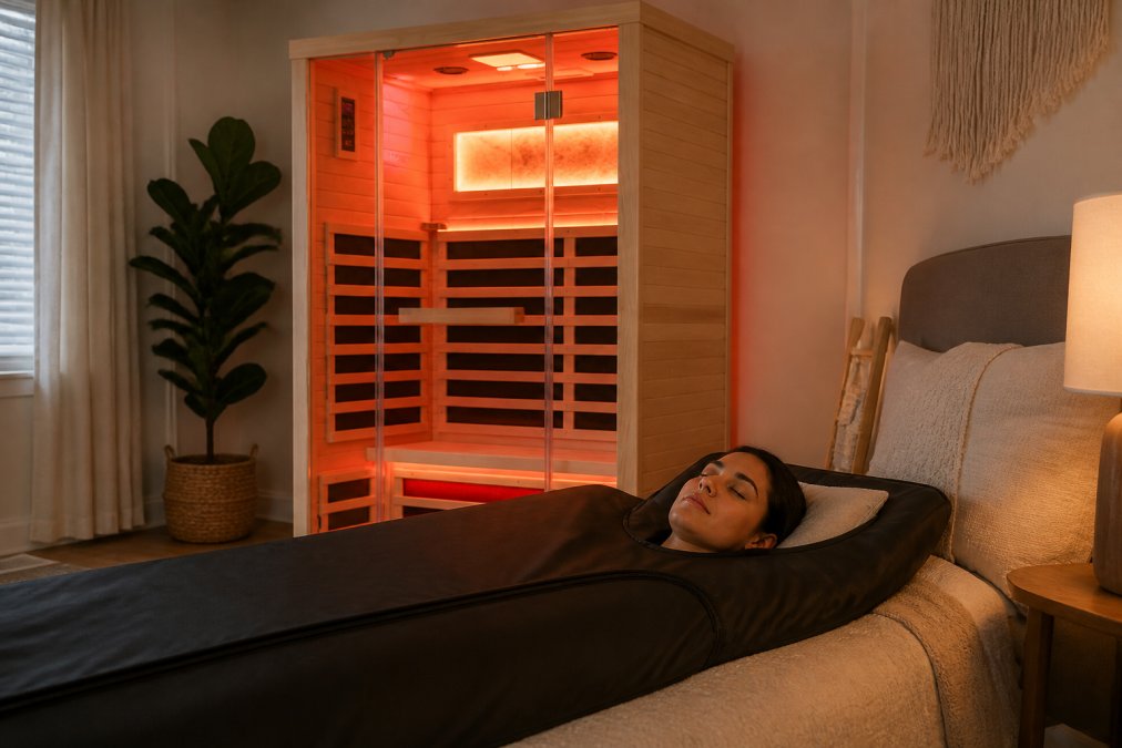 Person lying on their back in an infrared sauna blanket at home with peaceful and calm expression, soft ambient lighting from the blanket's heating elements creating warm glow in quiet bedroom