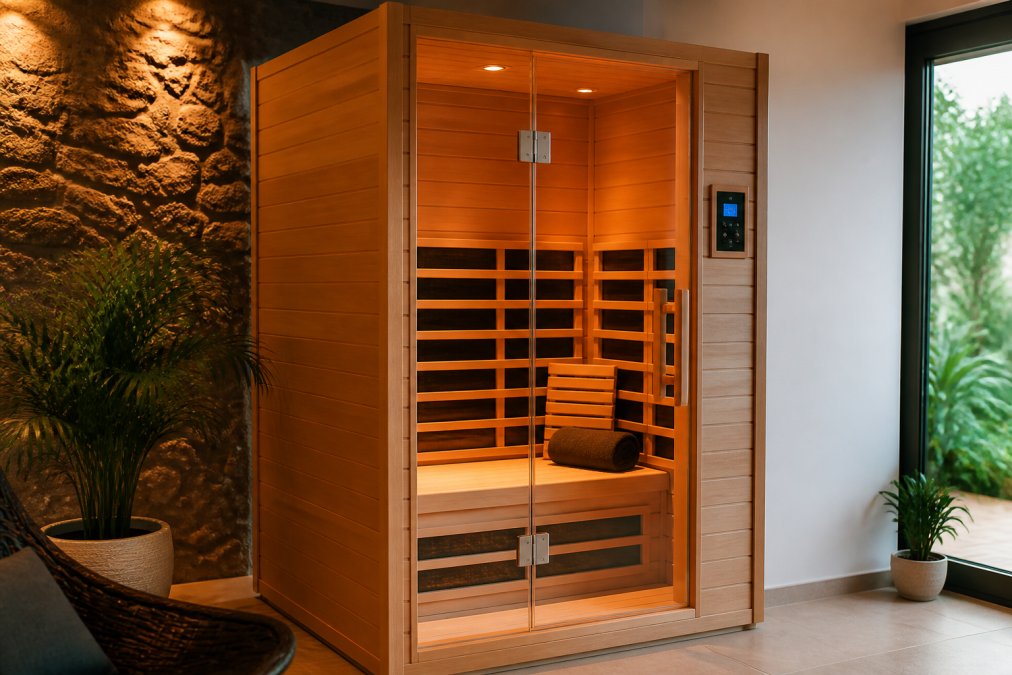 Modern infrared sauna cabin installed in a home wellness space, showing interior wooden construction, soft ambient lighting, and digital control panel visible through glass door