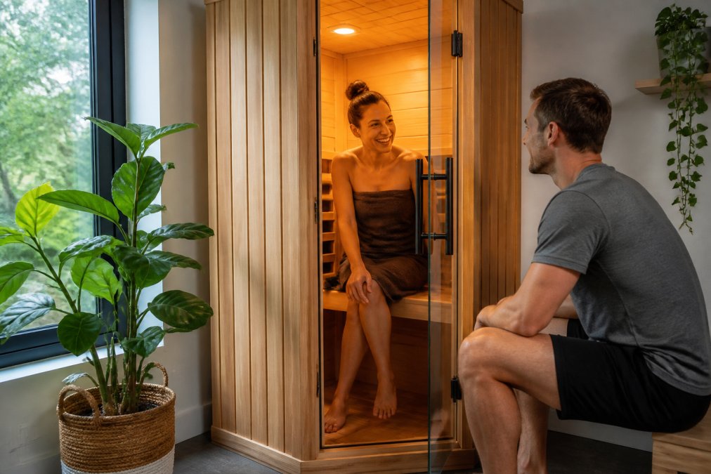 Modern home wellness room with a wood-paneled infrared sauna in the corner, soft natural light through windows, green plants nearby