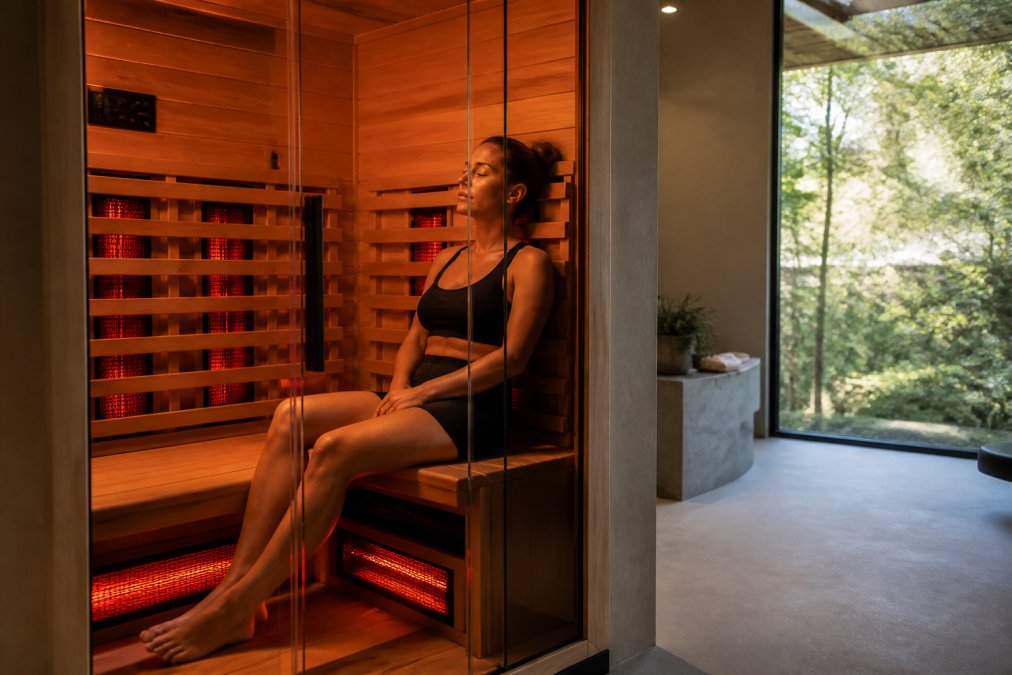 Person relaxing in a modern infrared sauna with warm ambient lighting for a peaceful wellness session