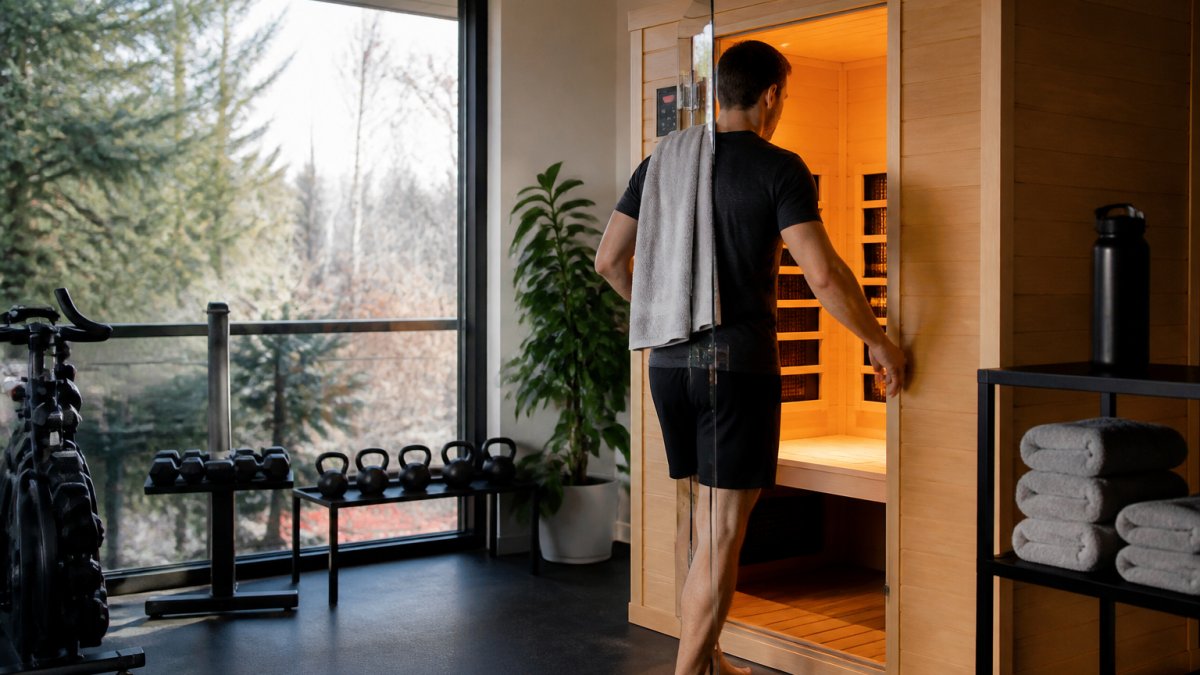 Athlete entering infrared sauna cabin after workout, warm golden light glowing from wooden interior, professional recovery facility setting with towels and water bottle nearby