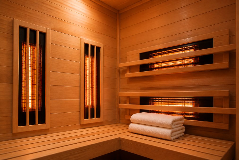 Interior of a wood-paneled infrared sauna cabin showing glowing carbon heater panels mounted on the walls, warm amber lighting, and a wooden bench with folded white towels