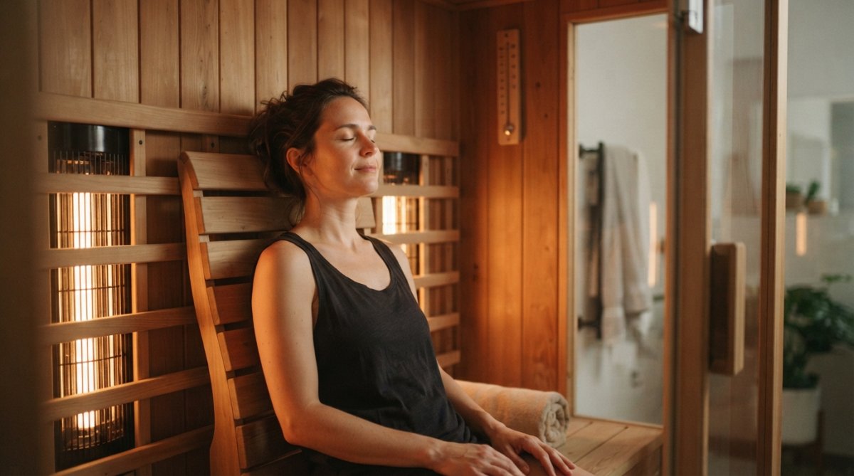 Person relaxing inside an infrared sauna cabin with warm amber light visible through wooden interior, peaceful expression on face, shoulders visible above the wooden bench