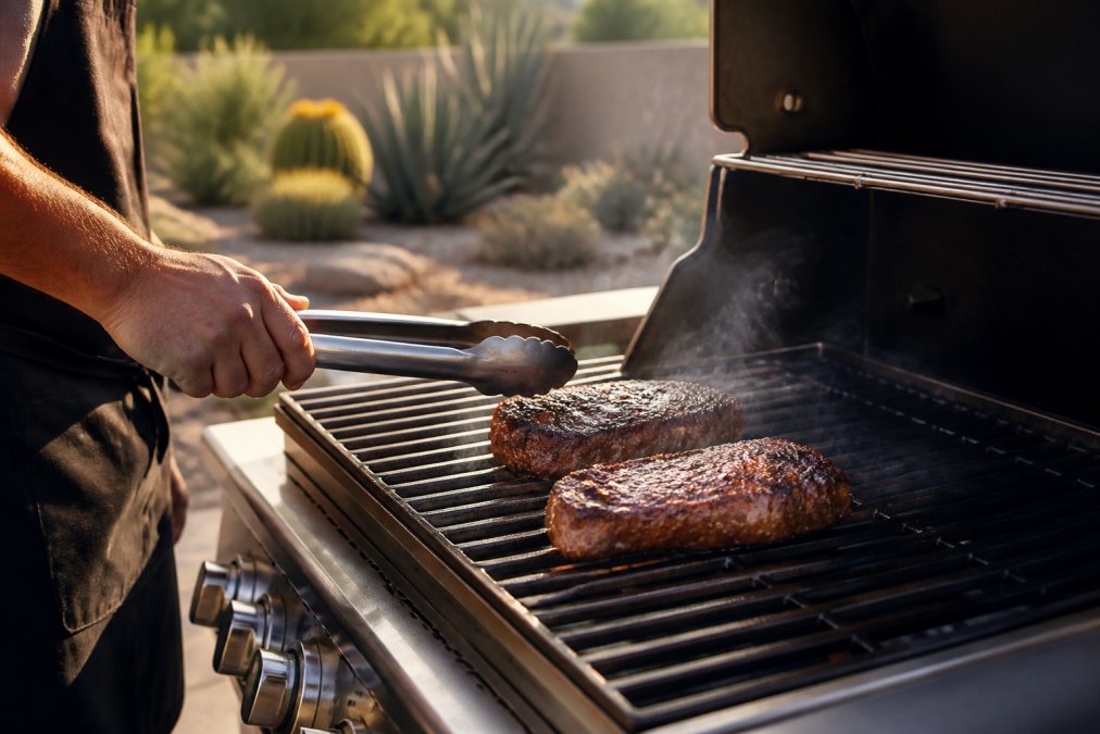 Close-up of a home cook in a backyard holding tongs over a steak searing on a stainless steel gas grill, deep brown crust visible, light smoke rising, desert landscaping blurred in the background