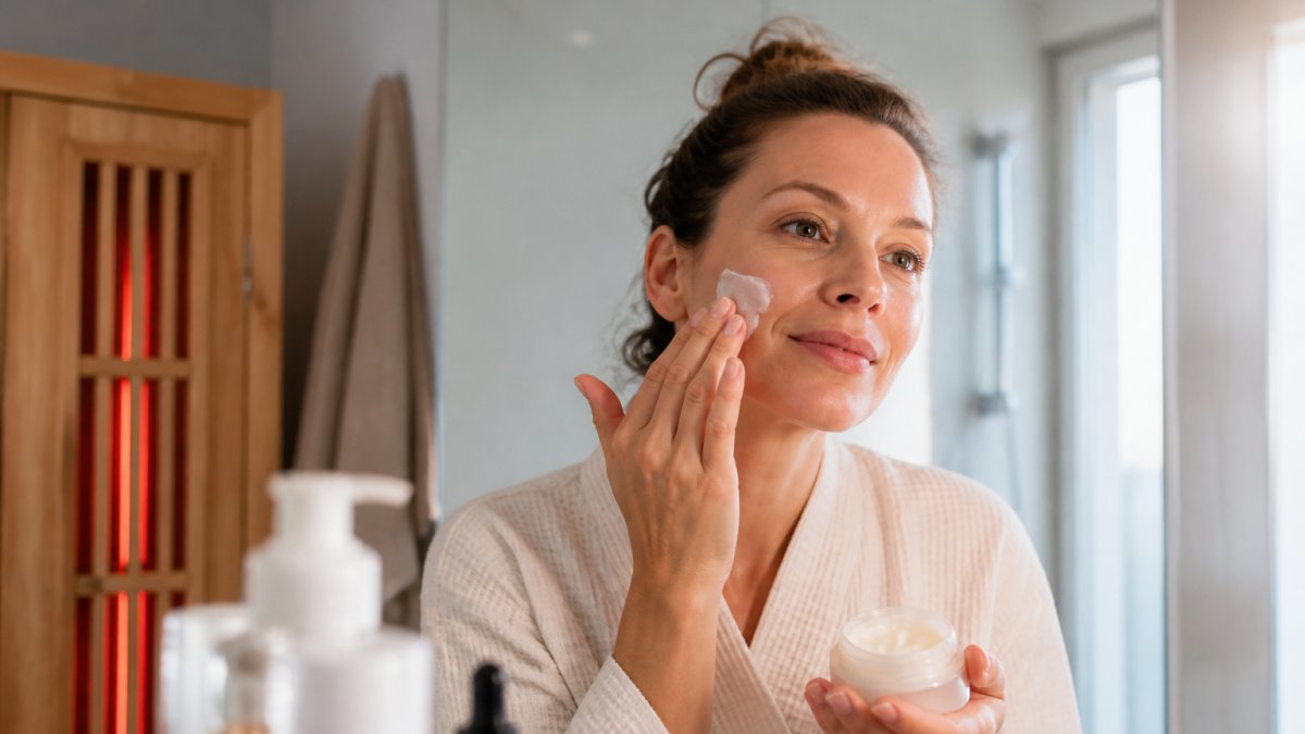 Vrouw brengt hydraterende crème aan voor optimale infraroodcabine huidverzorging in een badkamer.