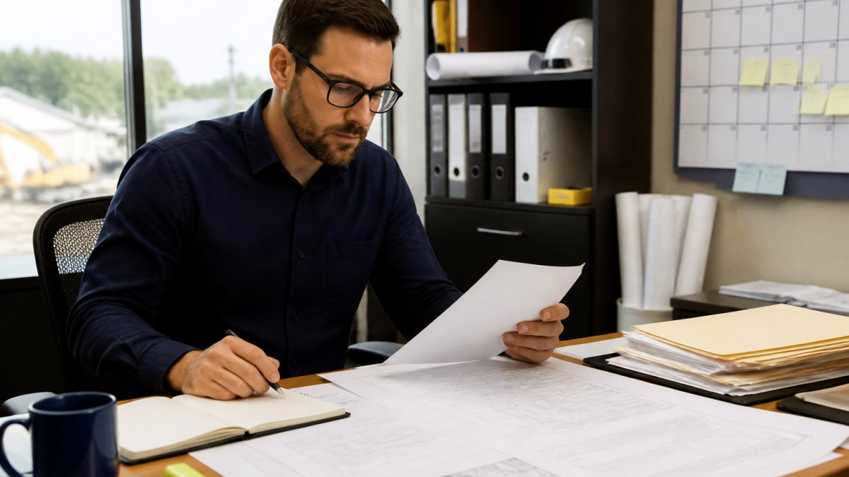 Professional reviewing bid documents and deadline calendar on desktop monitor in modern office, with project files and notes visible on desk