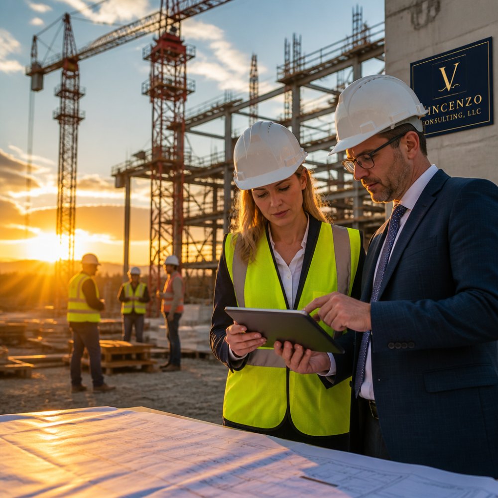Executive and consultant reviewing blueprints at a site to discuss infrastructure development consulting pricing 2026