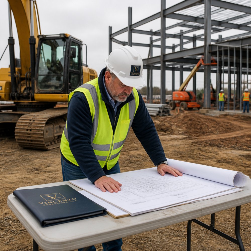 A project manager in a hard hat and safety vest reviewing printed drawings on a folding table at an active construction site, heavy equipment and steel framing visible behind him under overcast daylight
