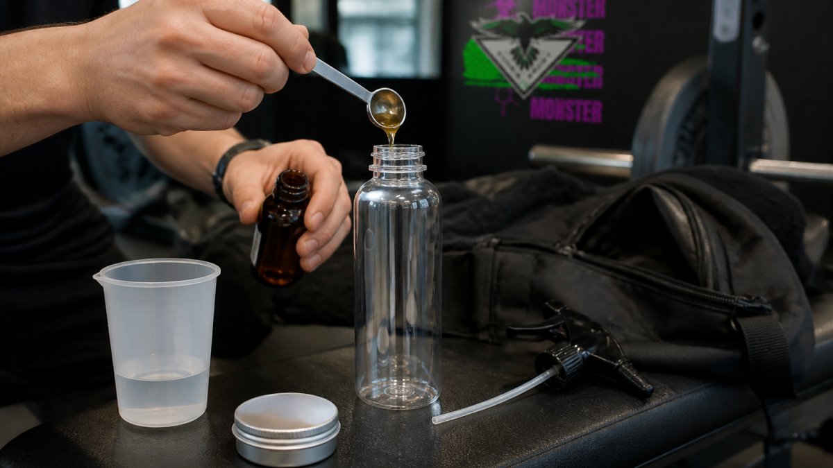 Close-up of hands measuring a small amount of concentrate into a clear spray bottle on a gym bag bench, with a measuring cup and label visible