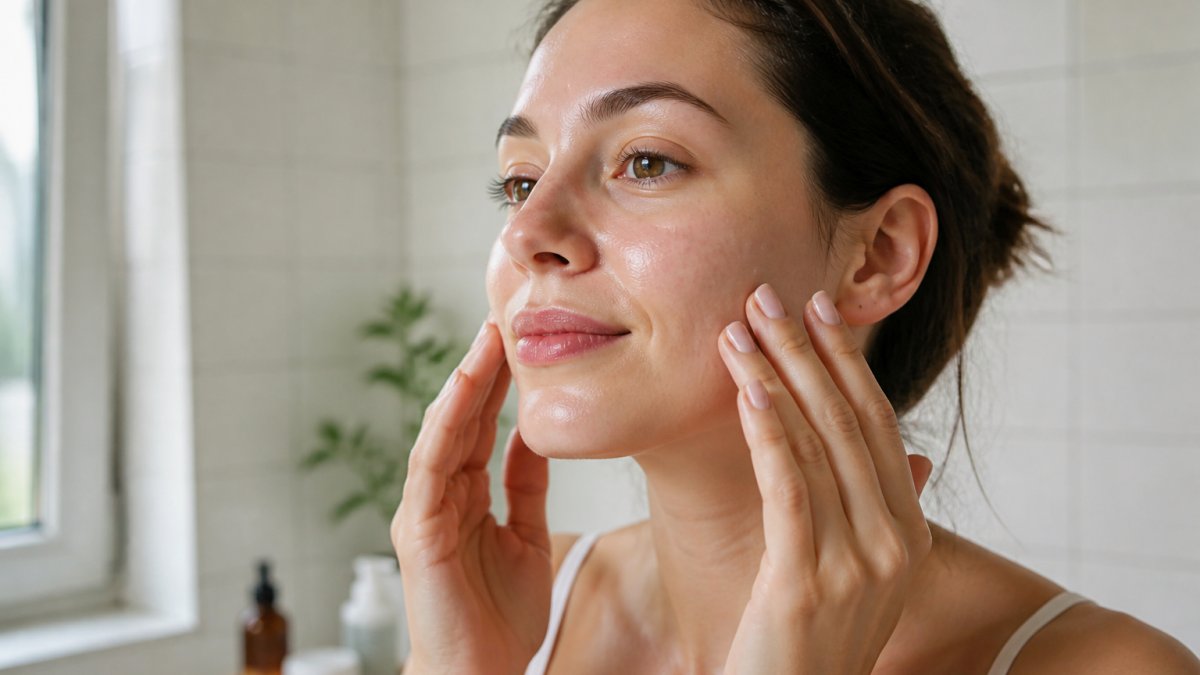 Close-up of person applying lightweight, hydrating serum to face with fingertips, showing product absorbing into skin without residue or shine, natural bathroom lighting