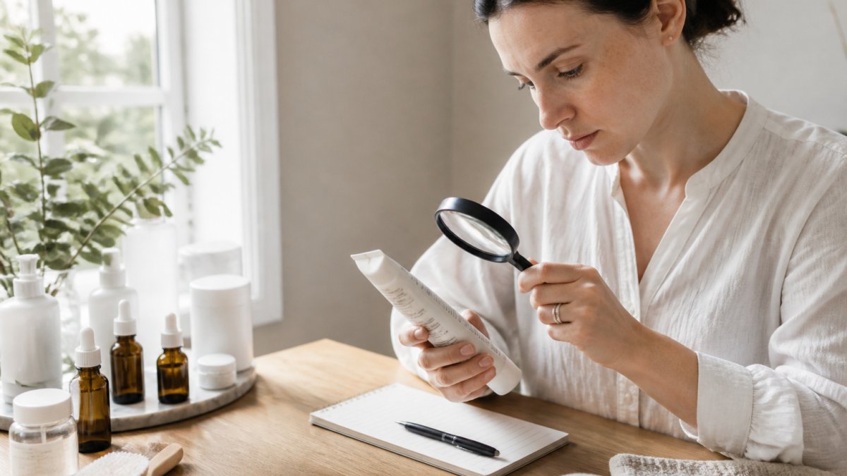Person using a magnifying glass to carefully read the ingredient label on a skincare bottle in natural light