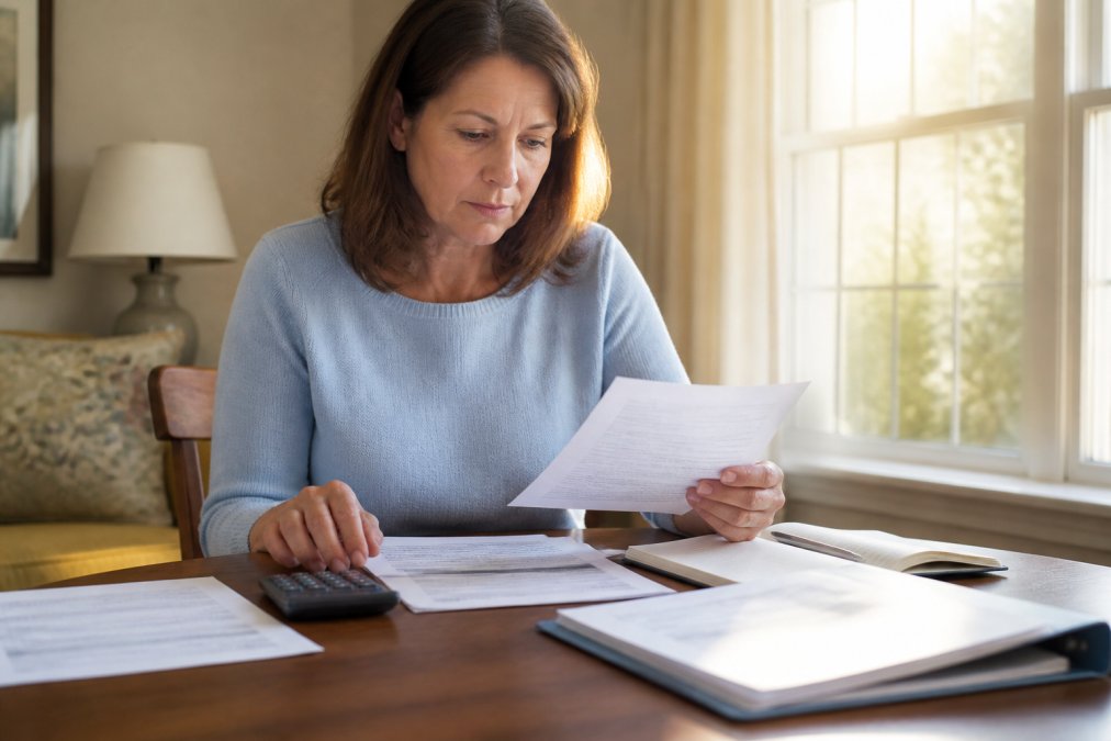 Middle-aged woman reviewing financial documents and inheritance paperwork at a home desk with a calculator and notebook, natural afternoon light streaming through window