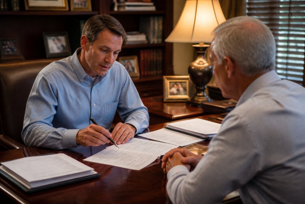Financial advisor and client in professional office setting discussing retirement and tax strategy documents across a desk, warm lighting from desk lamp