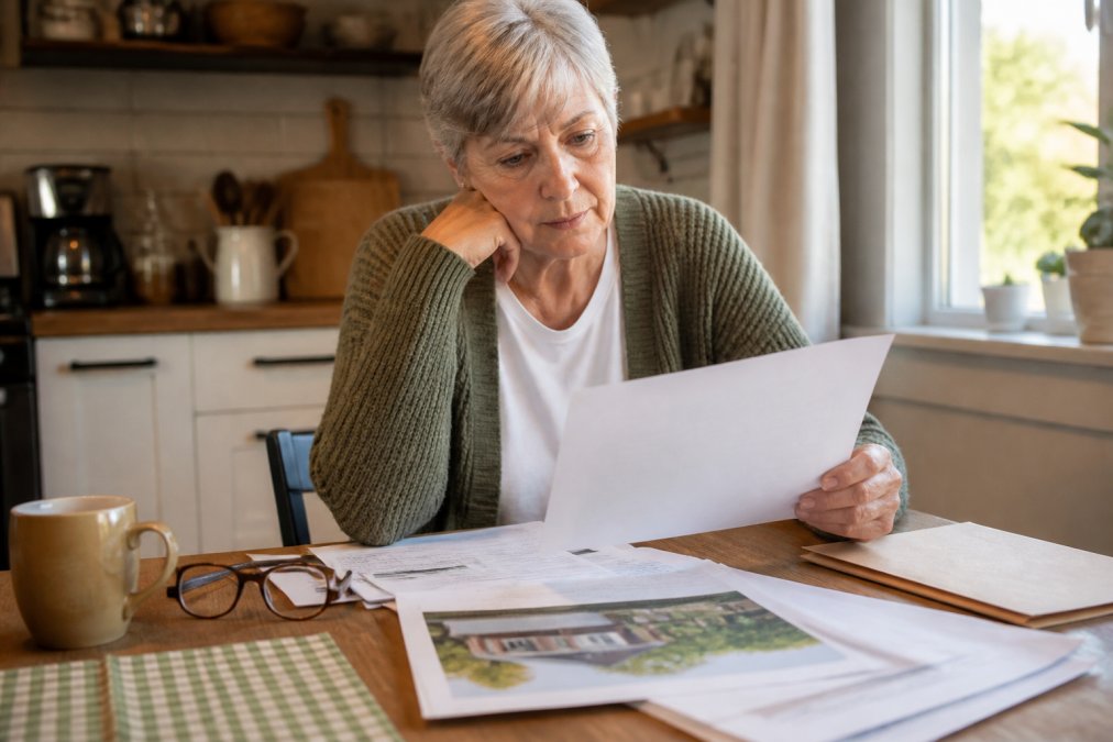 Homeowner reviewing inherited property documents and appraisal papers at a kitchen table with a cup of coffee and reading glasses