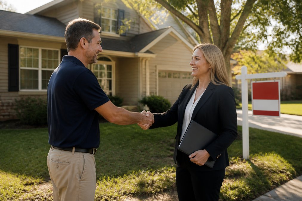 Real estate professional and homeowner shaking hands in front of an inherited residential property with a sold sign in the yard during afternoon sunlight