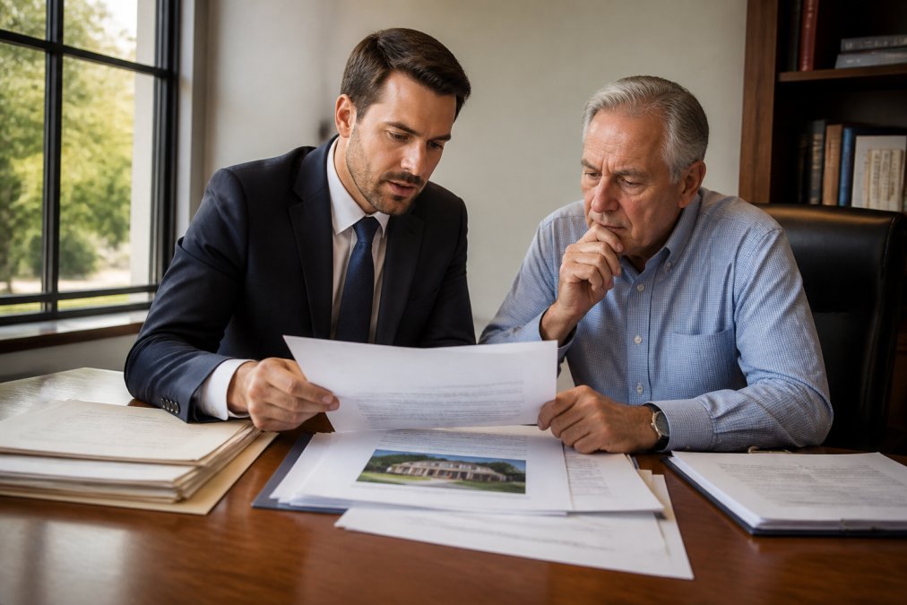 Attorney reviewing property appraisal documents and inheritance papers with client at wooden desk in professional office setting with natural window light