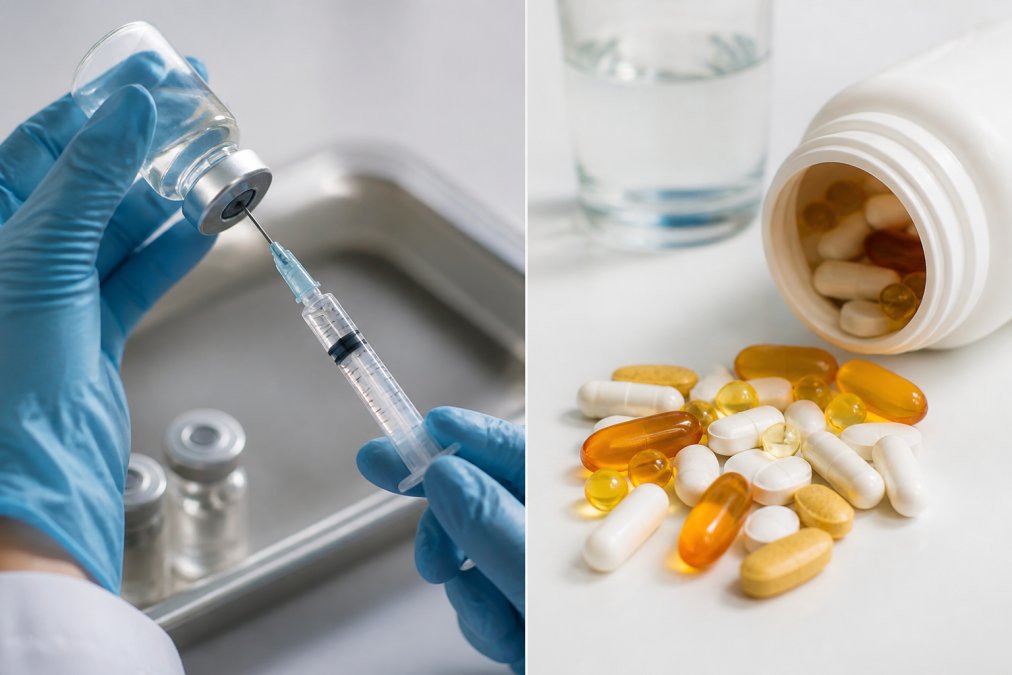 Close-up of a healthcare professional drawing ascorbic acid solution into a syringe from a glass vial on a clean clinical tray, with soft natural light